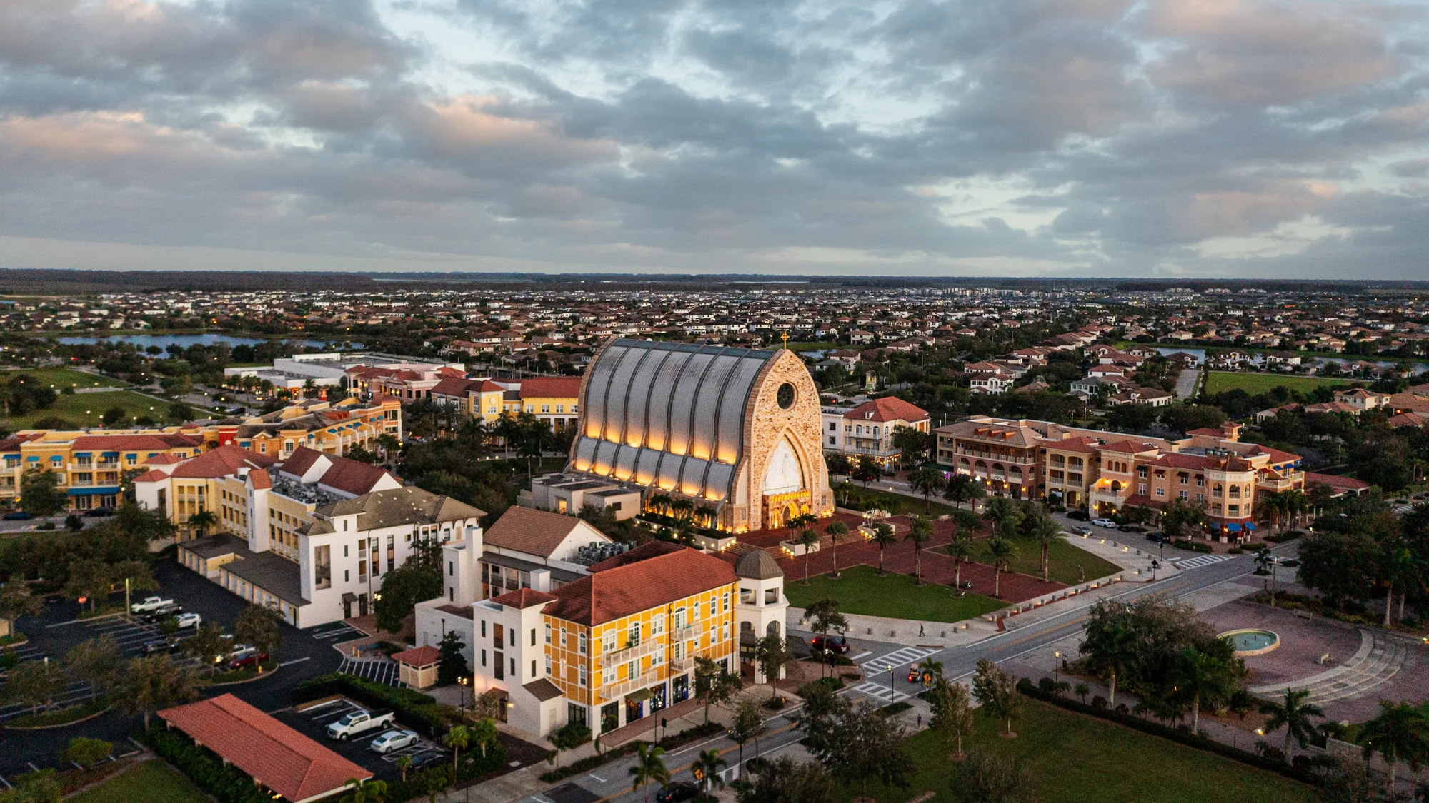 Aerial view of the town centre and Oratory of Ave Maria, Florida